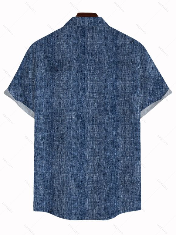 Men's Casual Shirt Vintage Faux Denim Print Button Up Shirt - Bleu profond 5XL