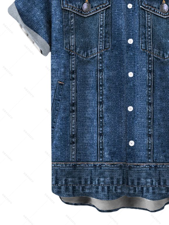 Men's Casual Shirt Vintage Faux Denim Print Button Up Shirt - Bleu profond 5XL