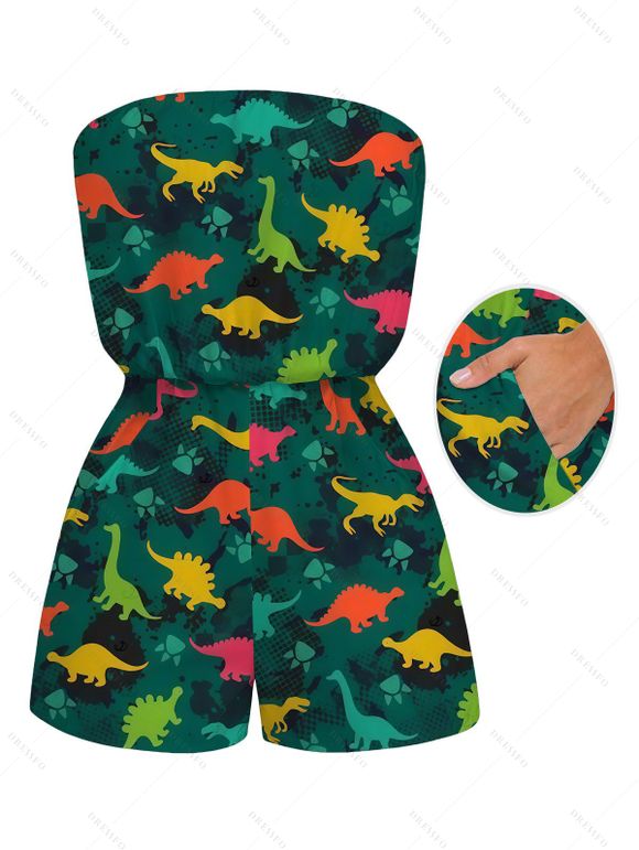 Funny Couple Outfit Colored Cartoon Dinosaurs Print Pocket Off the Shoulder Romper and Shirt Set - Vert profond S | US 4