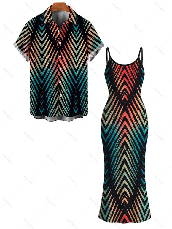 Vacation Couple Outfit Vintage Ombre Zig Zag Print Spaghetti Strap Maxi Bodycon Dress and Shirt Set - Noir S | US 4