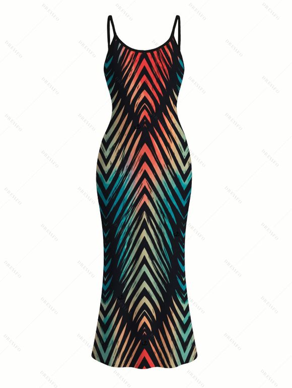 Vacation Couple Outfit Vintage Ombre Zig Zag Print Spaghetti Strap Maxi Bodycon Dress and Shirt Set - Noir S | US 4