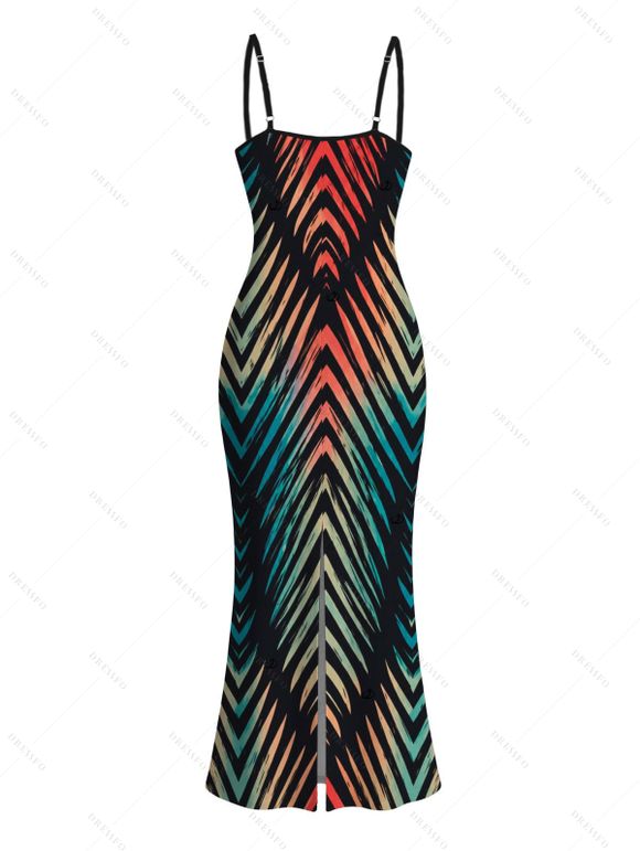 Vacation Couple Outfit Vintage Ombre Zig Zag Print Spaghetti Strap Maxi Bodycon Dress and Shirt Set - Noir S | US 4