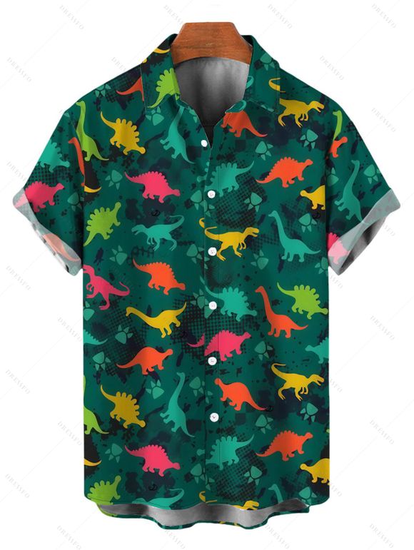 Funny Couple Outfit Colored Cartoon Dinosaurs Print Pocket Off the Shoulder Romper and Shirt Set - Vert profond S | US 4