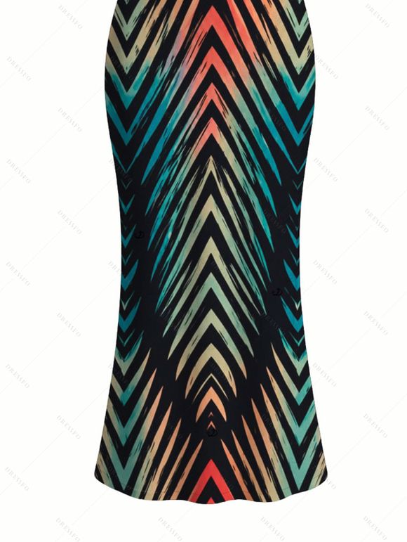 Vacation Couple Outfit Vintage Ombre Zig Zag Print Spaghetti Strap Maxi Bodycon Dress and Shirt Set - Noir S | US 4