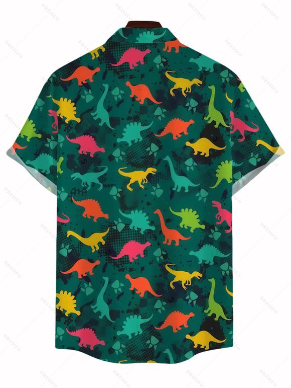 Funny Couple Outfit Colored Cartoon Dinosaurs Print Pocket Off the Shoulder Romper and Shirt Set - Vert profond S | US 4