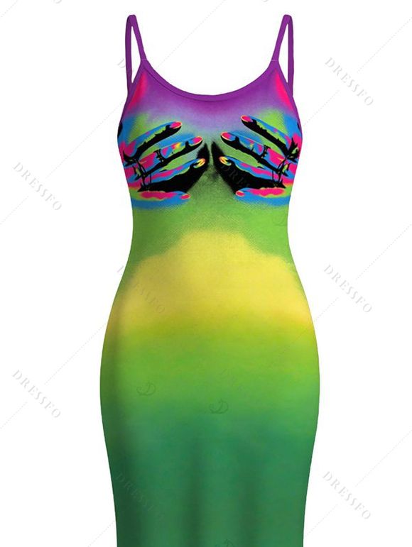 Vacation Dress Neon Ombre Palm Hand Print Spaghetti Strap Maxi Bodycon Dress - multicolor XXL | US 14