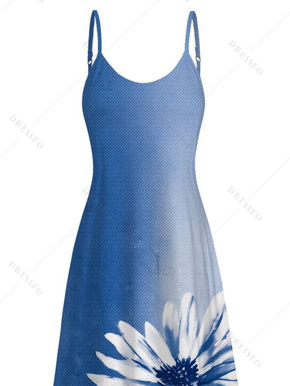 Vacation Dress Ombre Ink Painting Daisy Print Pocket Spaghetti Strap Dress - Bleu Ciel XXXXXL | US 20