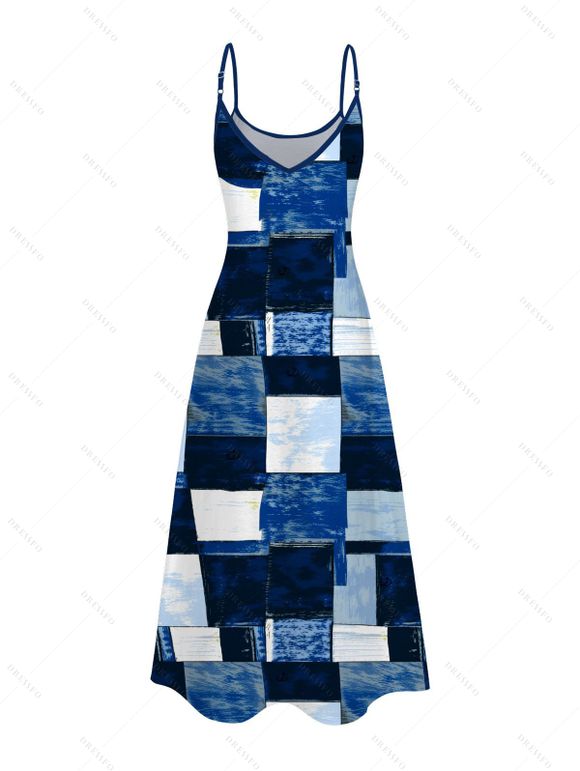 Vacation Dress Oil Painting Geometric Patchwork Print Pocket Spaghetti Strap Dress - Bleu XXXXXL | US 20