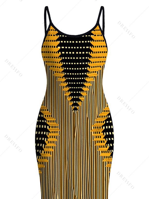Bohemian Dress Colorblock Geometric Ethnic Print Spaghetti Strap Maxi Bodycon Dress - Jaune XXL | US 14