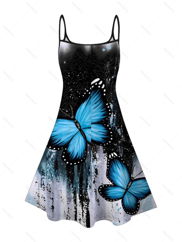 Gothic Dress Splash Ink Ombre Butterfly Print Spaghetti Strap Mini Dress - Bleu XXXXXL | US 20