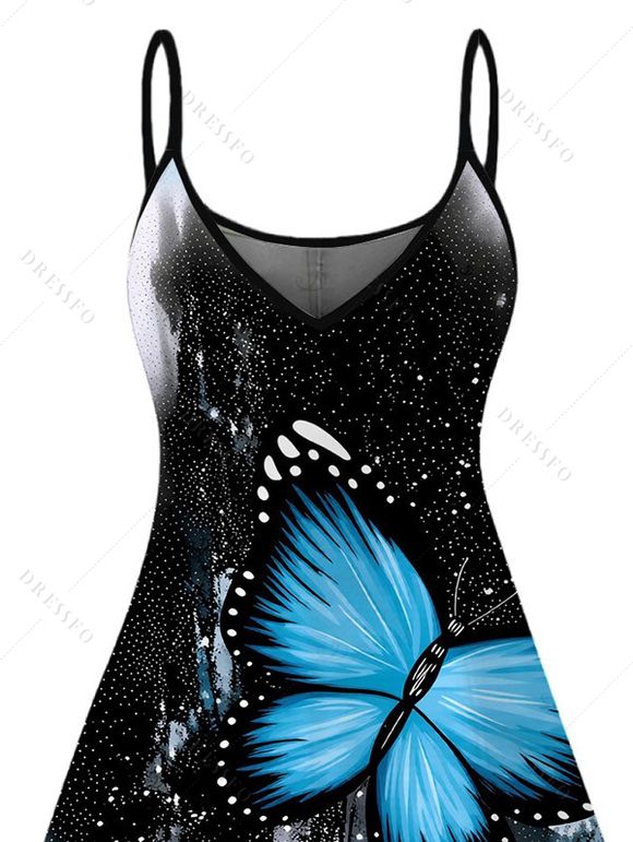 Gothic Dress Splash Ink Ombre Butterfly Print Spaghetti Strap Mini Dress - Bleu XXXXXL | US 20