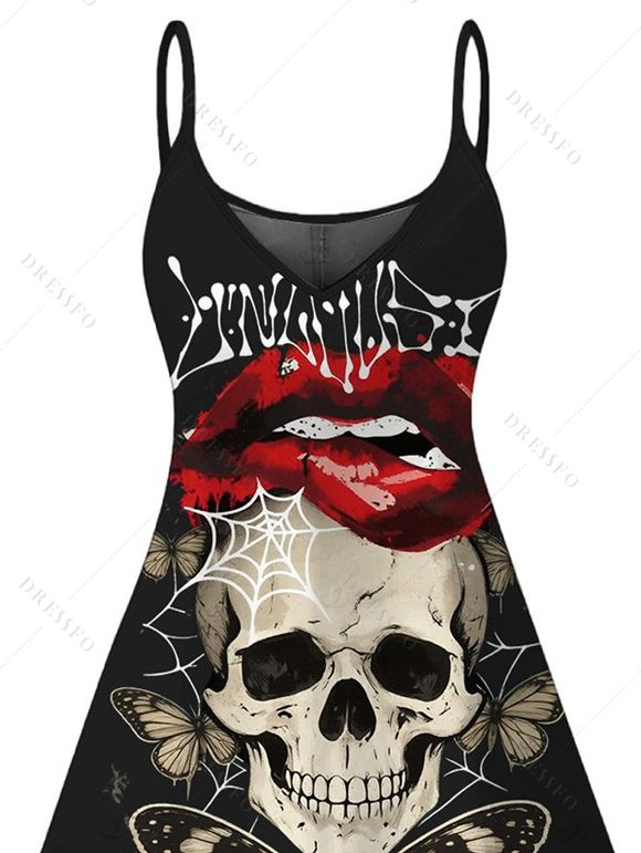 Gothic Dress Skull Butterfly Lip Letter Print Spaghetti Strap Mini Dress - Noir XXXXXL | US 20