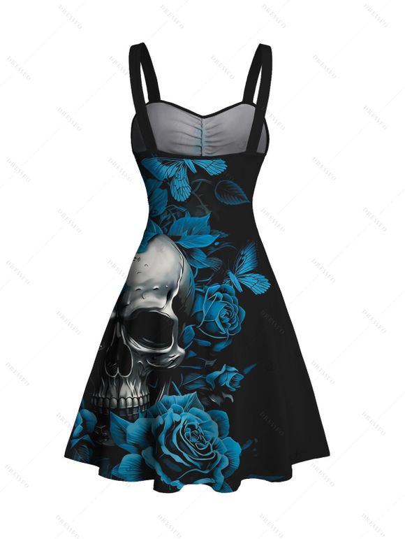 Gothic Dress Skulls Butterfly Rose Floral Print Ruched Bust Mini Dress - Noir XXXXXL | US 20