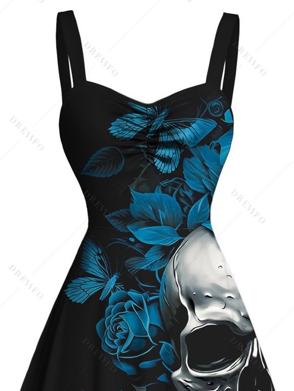 Gothic Dress Skulls Butterfly Rose Floral Print Ruched Bust Mini Dress - Noir XXXXXL | US 20