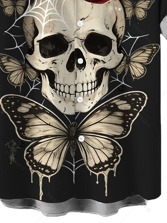 Men's Gothic Shirt Skull Butterfly Lip Letter Print Button Up Shirt - Noir 5XL