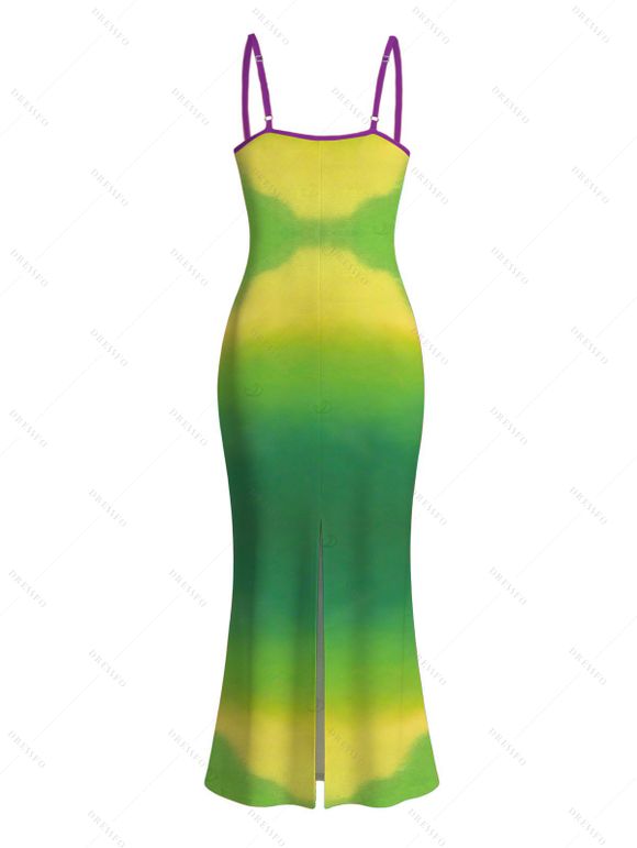 Vacation Couple Outfit Neon Ombre Palm Hand Print Spaghetti Strap Maxi Bodycon Dress and Shirt Set - Vert S | US 4