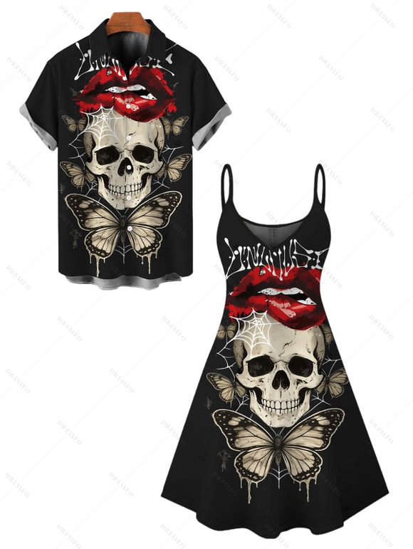 Gothic Couple Outfit Skull Butterfly Lip Letter Print Spaghetti Strap Mini Dress and Shirt Set - Noir S | US 4