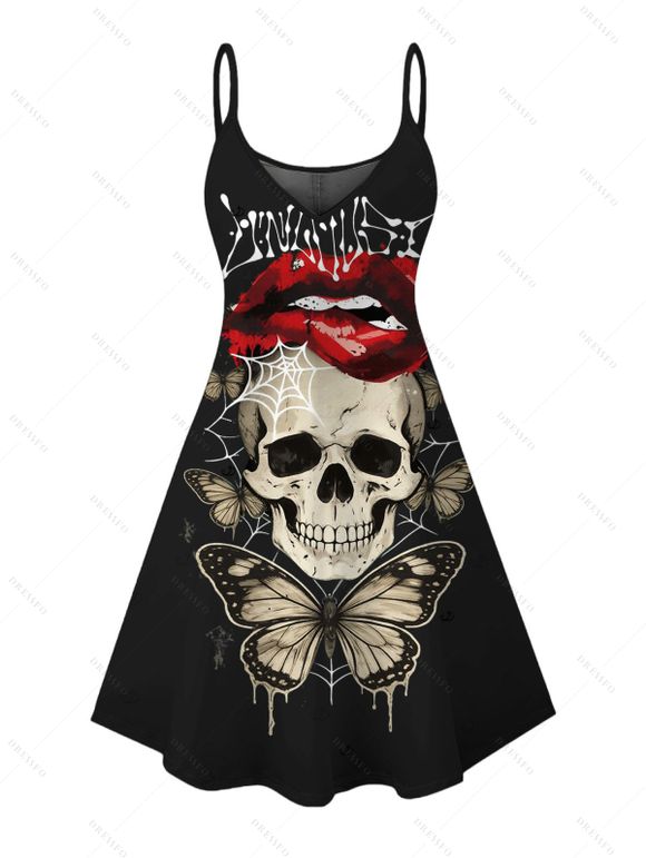Gothic Couple Outfit Skull Butterfly Lip Letter Print Spaghetti Strap Mini Dress and Shirt Set - Noir S | US 4