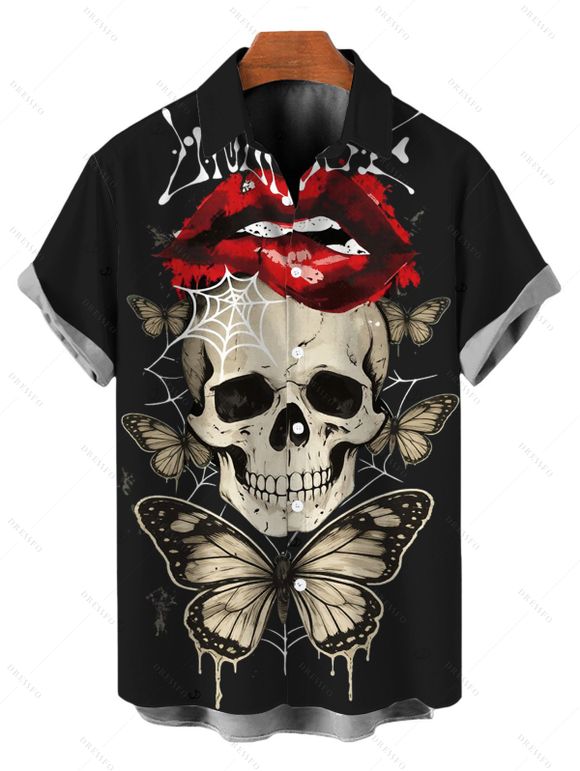 Gothic Couple Outfit Skull Butterfly Lip Letter Print Spaghetti Strap Mini Dress and Shirt Set - Noir S | US 4