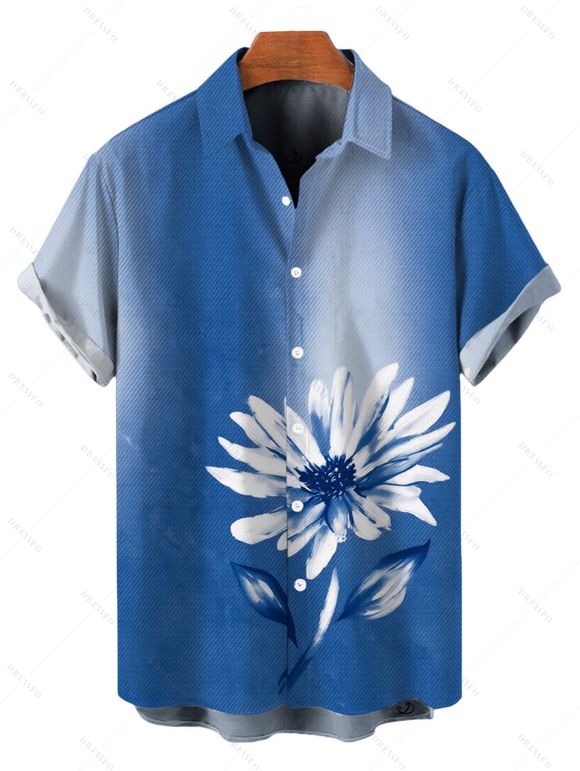 Vacation Couple Outfit Ombre Ink Painting Daisy Print Pocket Spaghetti Strap Dress and Shirt Set - Bleu Ciel S | US 4