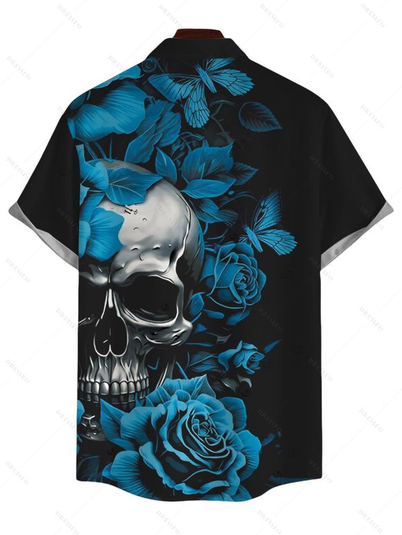 Men's Gothic Shirt Skulls Butterfly Rose Floral Print Button Up Shirt - Noir 5XL