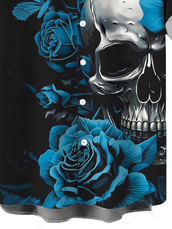 Men's Gothic Shirt Skulls Butterfly Rose Floral Print Button Up Shirt - Noir 5XL