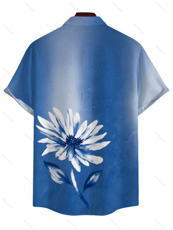 Vacation Couple Outfit Ombre Ink Painting Daisy Print Pocket Spaghetti Strap Dress and Shirt Set - Bleu Ciel S | US 4