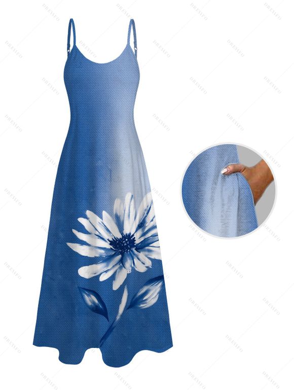 Vacation Couple Outfit Ombre Ink Painting Daisy Print Pocket Spaghetti Strap Dress and Shirt Set - Bleu Ciel S | US 4