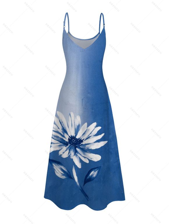 Vacation Couple Outfit Ombre Ink Painting Daisy Print Pocket Spaghetti Strap Dress and Shirt Set - Bleu Ciel S | US 4