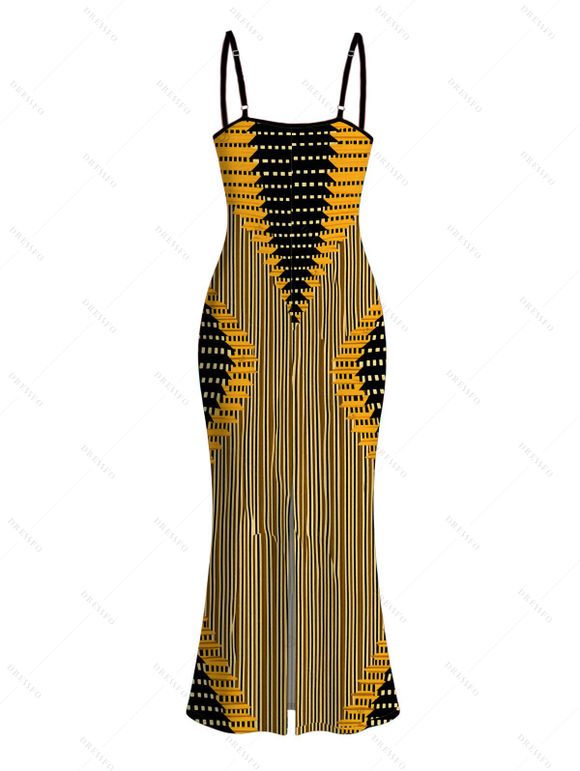 Bohemian Couple Outfit Colorblock Geometric Ethnic Print Spaghetti Strap Maxi Bodycon Dress and Shirt Set - Jaune S | US 4