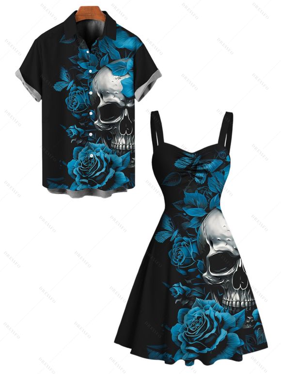 Gothic Couple Outfit Skulls Butterfly Rose Floral Print Ruched Bust Mini Dress and Shirt Set - Noir S | US 4