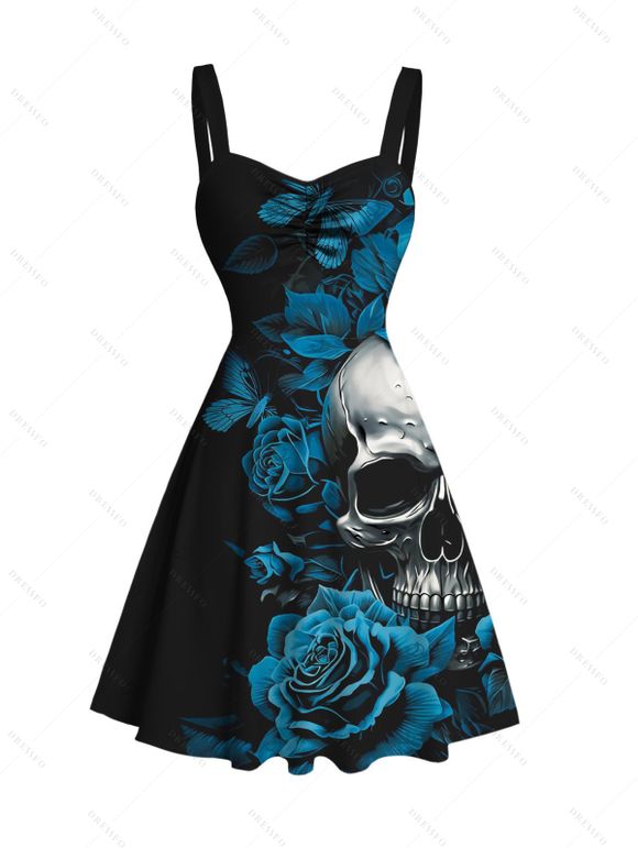 Gothic Couple Outfit Skulls Butterfly Rose Floral Print Ruched Bust Mini Dress and Shirt Set - Noir S | US 4