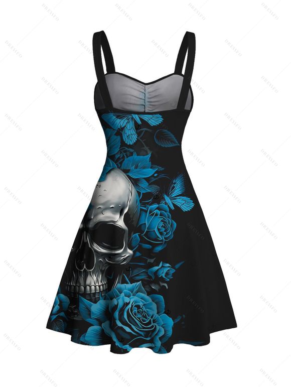 Gothic Couple Outfit Skulls Butterfly Rose Floral Print Ruched Bust Mini Dress and Shirt Set - Noir S | US 4
