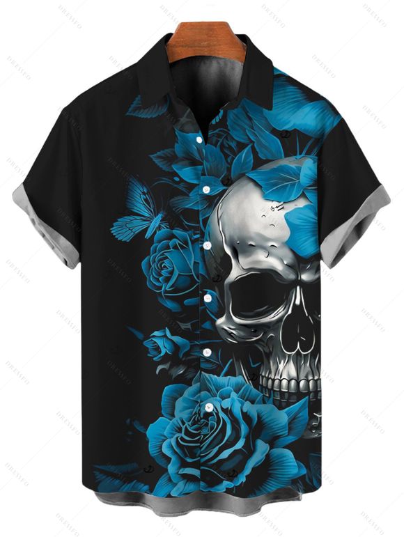 Gothic Couple Outfit Skulls Butterfly Rose Floral Print Ruched Bust Mini Dress and Shirt Set - Noir S | US 4