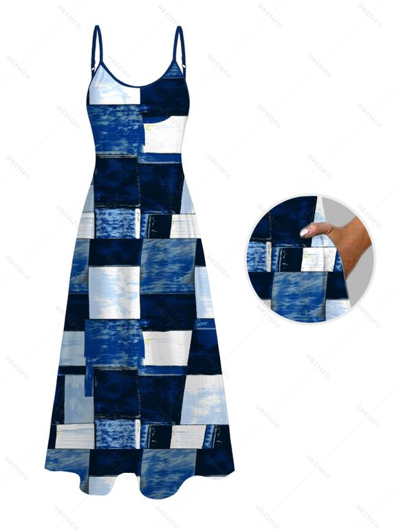 Vacation Couple Outfit Oil Painting Geometric Patchwork Print Pocket Spaghetti Strap Dress and Shirt Set - Bleu S | US 4