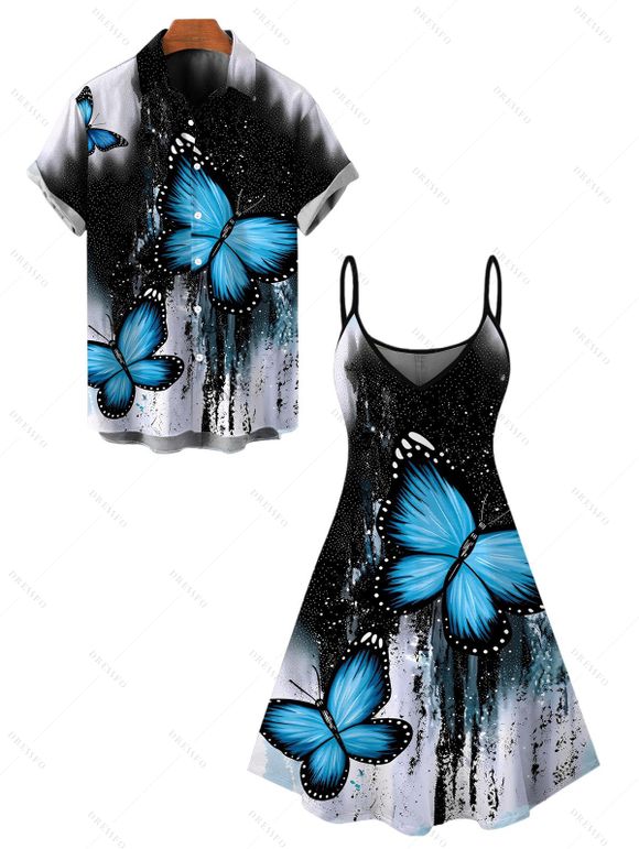 Gothic Couple Outfit Splash Ink Ombre Butterfly Print Spaghetti Strap Mini Dress and Shirt Set - Noir S | US 4