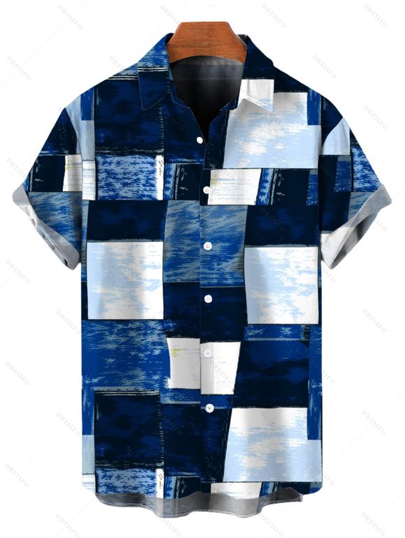Vacation Couple Outfit Oil Painting Geometric Patchwork Print Pocket Spaghetti Strap Dress and Shirt Set - Bleu S | US 4