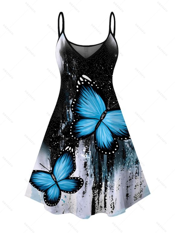 Gothic Couple Outfit Splash Ink Ombre Butterfly Print Spaghetti Strap Mini Dress and Shirt Set - Noir S | US 4