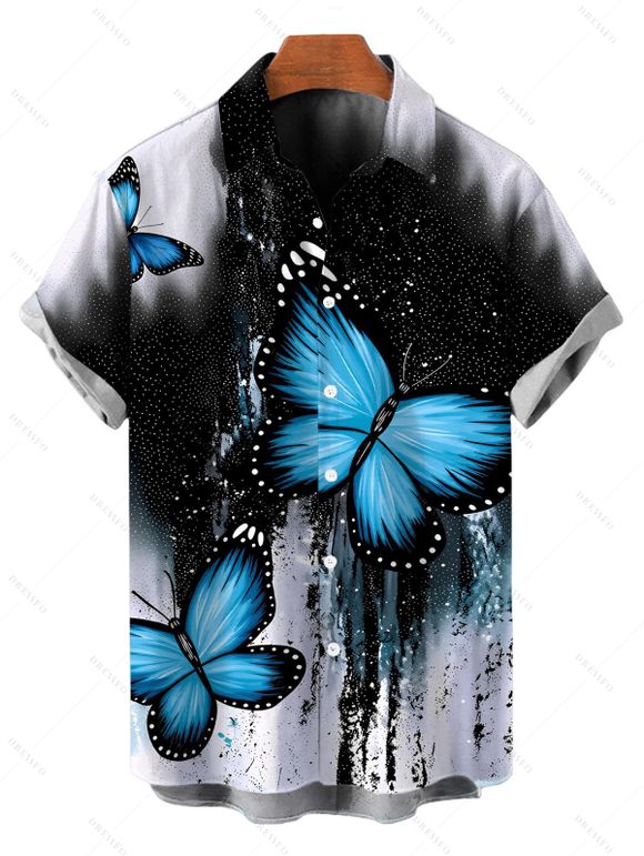 Gothic Couple Outfit Splash Ink Ombre Butterfly Print Spaghetti Strap Mini Dress and Shirt Set - Noir S | US 4