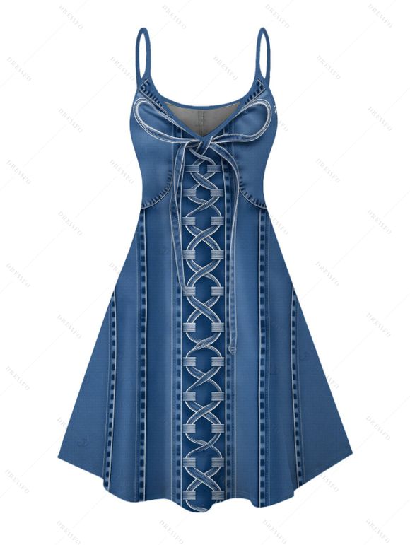 Vacation Couple Outfit Bowknot Faux Denim Spaghetti Strap Mini Dress and Shirt Set - Bleu Toile de Jean S | US 4