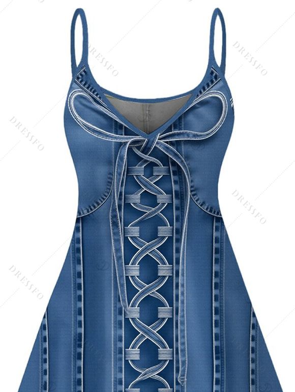 Vacation Couple Outfit Bowknot Faux Denim Spaghetti Strap Mini Dress and Shirt Set - Bleu Toile de Jean S | US 4