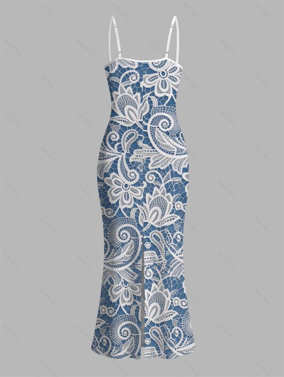 Vacation Dress Floral Lace Panel Spaghetti Strap Maxi Bodycon Elegant Dress - Bleu clair XXL | US 14