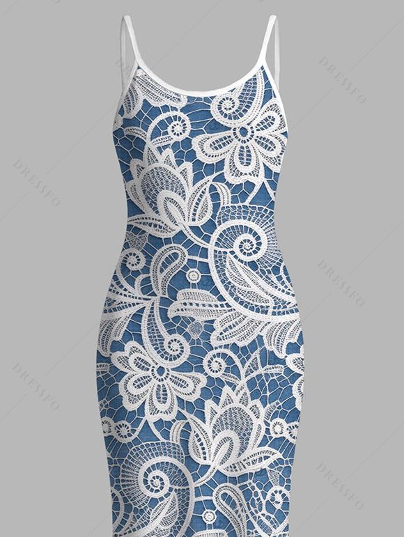 Vacation Dress Floral Lace Panel Spaghetti Strap Maxi Bodycon Elegant Dress - Bleu clair XXL | US 14