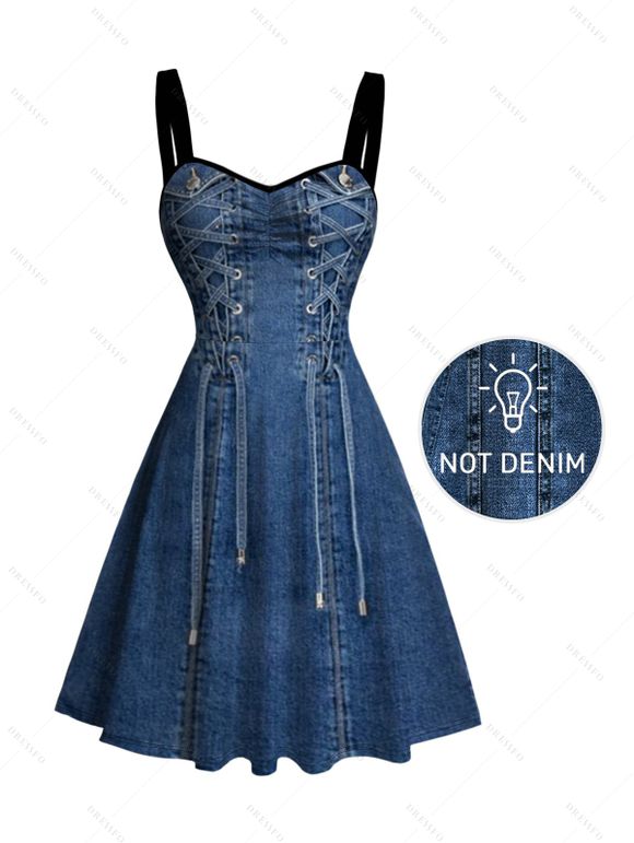 Casual Couple Outfit Vintage Faux Denim Print Sweetheart Neck Ruched Bust Mini Dress and Shirt Set - Bleu profond S | US 4