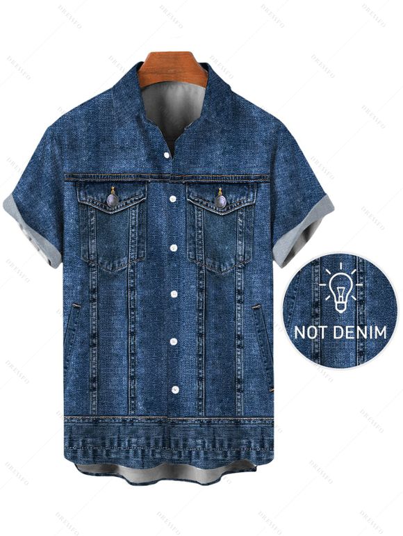 Casual Couple Outfit Vintage Faux Denim Print Sweetheart Neck Ruched Bust Mini Dress and Shirt Set - Bleu profond S | US 4