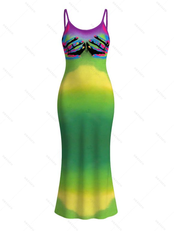 Vacation Couple Outfit Neon Ombre Palm Hand Print Spaghetti Strap Maxi Bodycon Dress and Shirt Set - Vert S | US 4