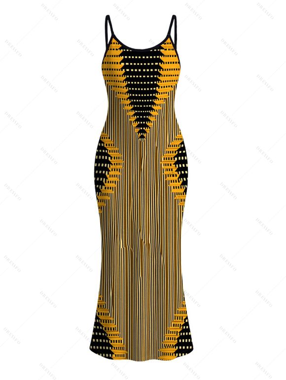 Bohemian Couple Outfit Colorblock Geometric Ethnic Print Spaghetti Strap Maxi Bodycon Dress and Shirt Set - Jaune S | US 4