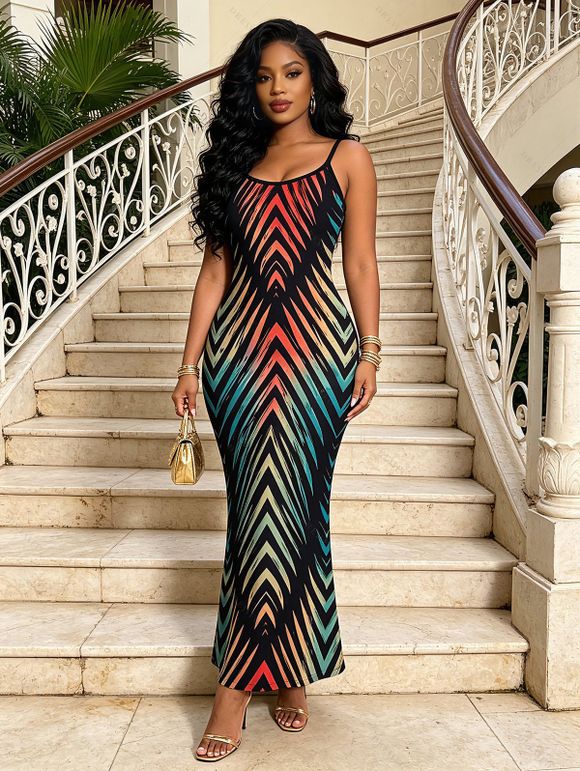 Vacation Dress Vintage Ombre Zig Zag Print Spaghetti Strap Maxi Bodycon Dress - Noir XXL | US 14