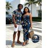 Casual Couple Outfit Faux Demin Distressed Leopard Print Spaghetti Strap Maxi Bodycon Dress and Shirt Set - Bleu de Minuit S | US 4