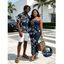Casual Couple Outfit Faux Demin Distressed Leopard Print Spaghetti Strap Maxi Bodycon Dress and Shirt Set - Bleu de Minuit S | US 4